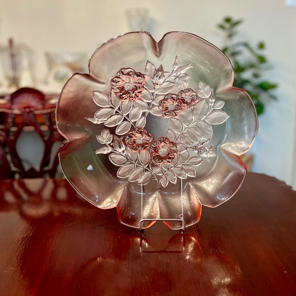 Vintage Mikasa Rosella Pink Crystal Platter Frosted Roses Walther-Glas 1990s 13”